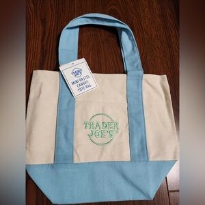 Trader Joe's Mini Canvas Tote Bag in Light Blue and Cream